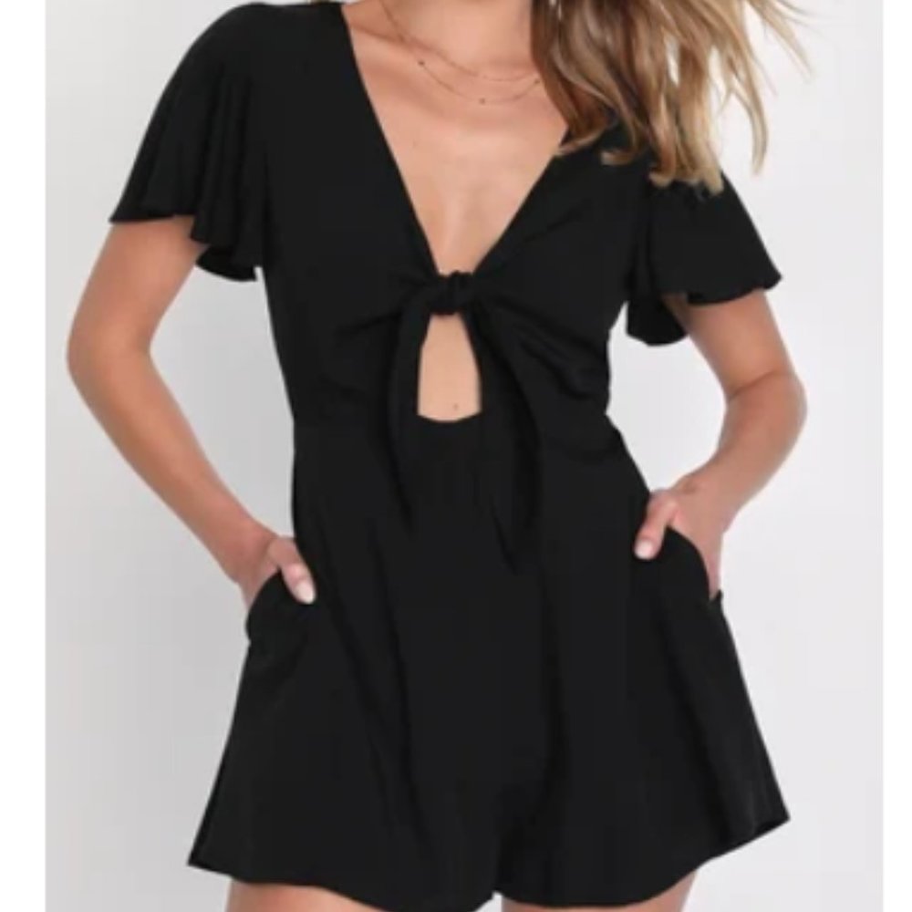 Black Front Tie Flutter Sleeve Romper